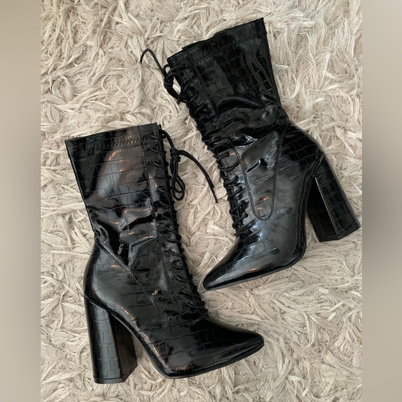 Croc Lace Up High Ankle Boots - Picture 1 of 11